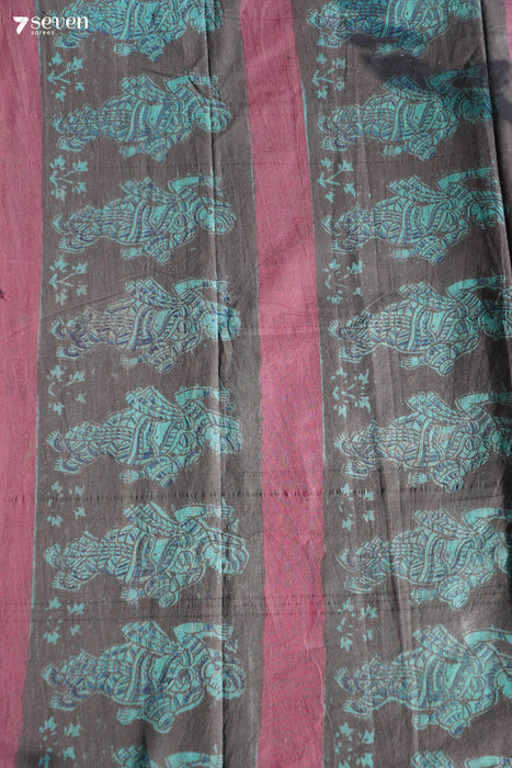 Kanakapuram Hand Block Kalamkari 100% Soft Cotton Bottle Green Saree (Handloom) - Seven Sarees - Saree - Seven Sarees
