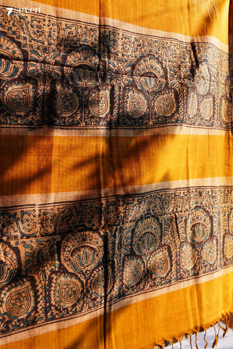 Kasi Ratna Hand Block Kalamkari 100% Soft Cotton Yellow Saree (Handloom) - Seven Sarees - Saree - Seven Sarees