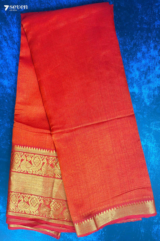 Keshavi Mangalagiri Orange Silk Cotton Handloom Saree - Seven Sarees - Saree - Seven Sarees