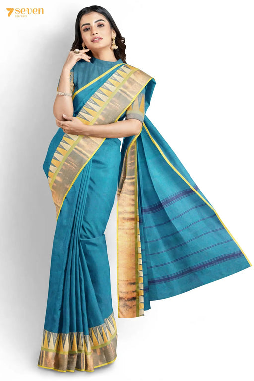 Kulavi Madurai Blue Pure Cotton Saree - Seven Sarees - Saree - Seven Sarees