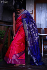 Kunkum Thattu Handloom Venkatagiri 100% Silk Cotton Pink-Blue Saree - Seven Sarees - Seven Sarees