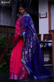 Kunkum Thattu Handloom Venkatagiri 100% Silk Cotton Pink-Blue Saree - Seven Sarees - Seven Sarees
