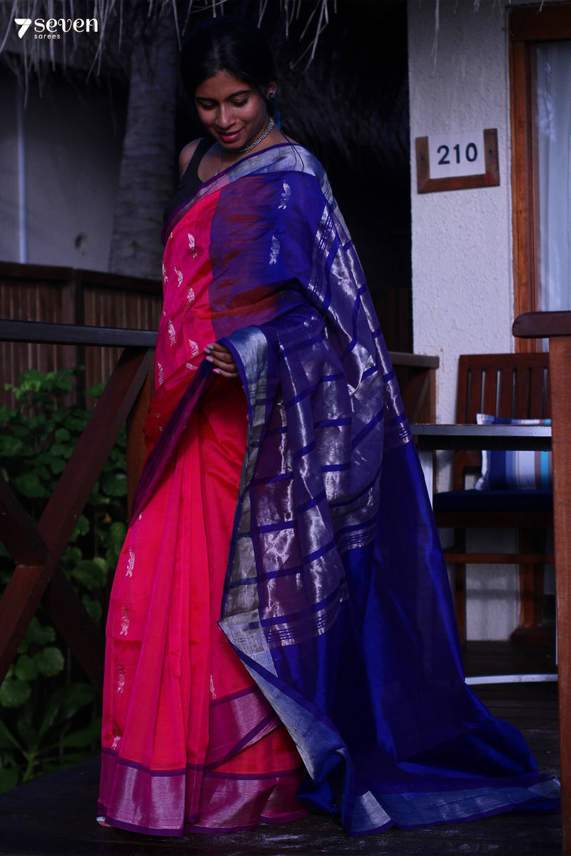 Kunkum Thattu Handloom Venkatagiri 100% Silk Cotton Pink-Blue Saree - Seven Sarees - Seven Sarees