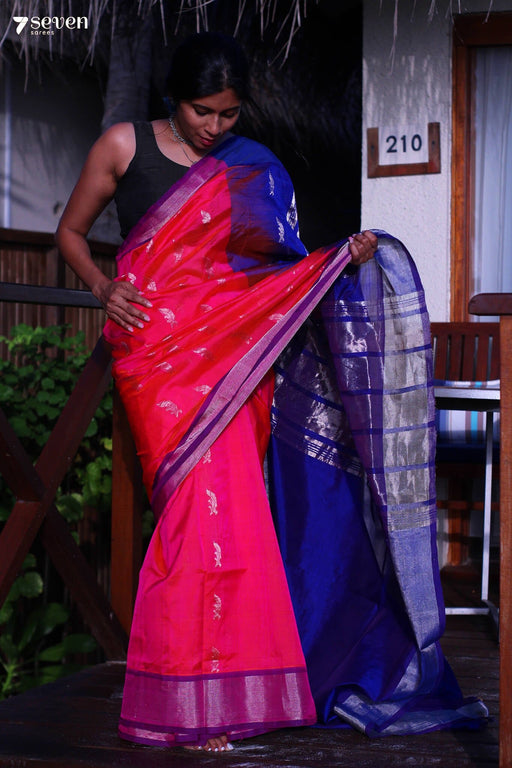 Kunkum Thattu Handloom Venkatagiri 100% Silk Cotton Pink-Blue Saree - Seven Sarees - Seven Sarees