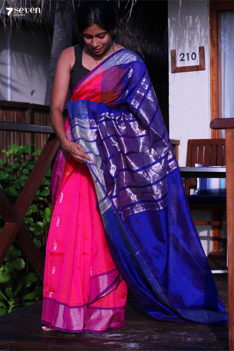 Kunkum Thattu Handloom Venkatagiri 100% Silk Cotton Pink-Blue Saree - Seven Sarees - Seven Sarees