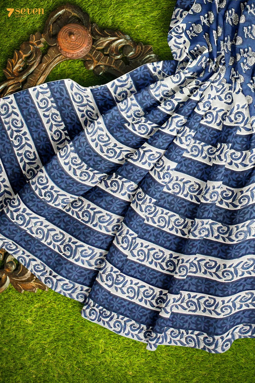 Lake Swim Jaipur Blue Block Printed Pure Cotton Saree - Seven Sarees - Saree - Seven Sarees