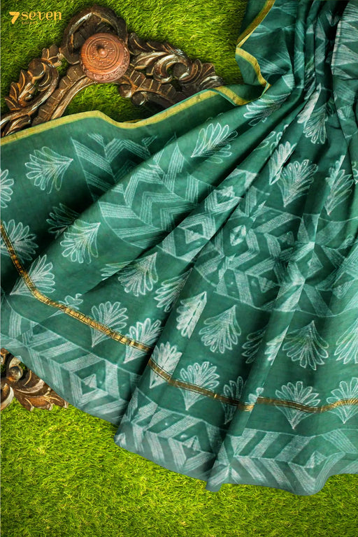 Lawn Picnics Jaipur Green Block Printed Chanderi Saree - Seven Sarees - Saree - Seven Sarees