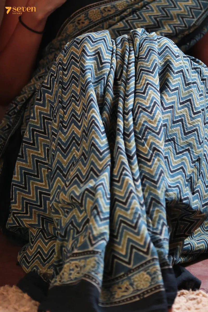Lehja Kutch Blue Pure Ajrakh Cotton Saree - Seven Sarees - Saree - Seven Sarees