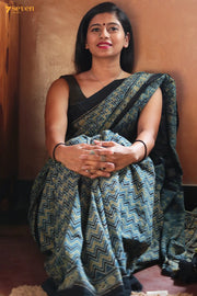 Lehja Kutch Blue Pure Ajrakh Cotton Saree - Seven Sarees - Saree - Seven Sarees