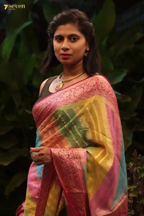 Liya Benaras Hand Painted Multicolor Pure Silk Saree | Silk Mark Certified - Seven Sarees - Saree - Seven Sarees