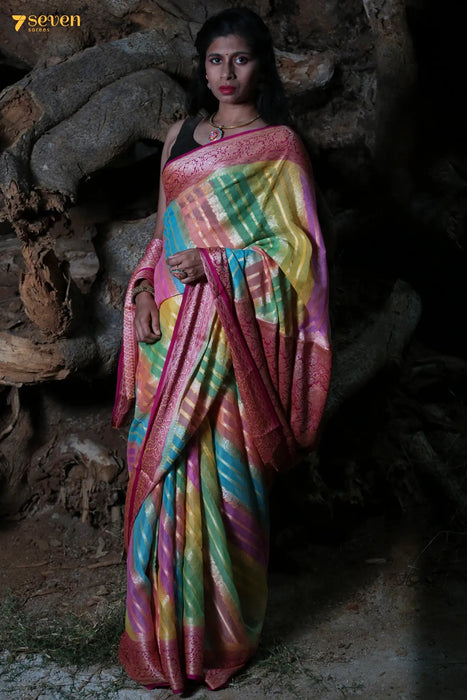 Liya Benaras Hand Painted Multicolor Pure Silk Saree | Silk Mark Certified - Seven Sarees - Saree - Seven Sarees