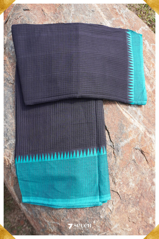 Maithreyi Mangalagiri Handloom Black/Blue Pure Cotton Saree - Seven Sarees - Saree - Seven Sarees