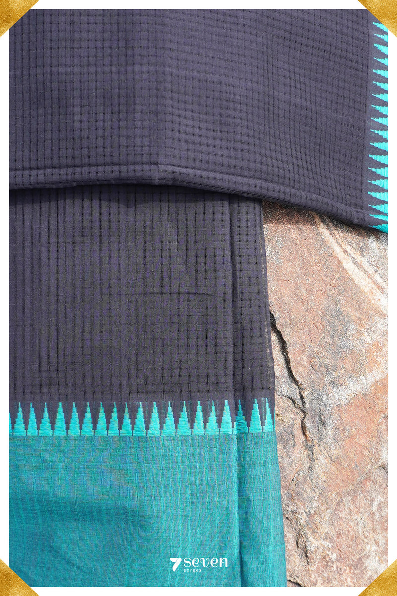 Maithreyi Mangalagiri Handloom Black/Blue Pure Cotton Saree - Seven Sarees - Saree - Seven Sarees
