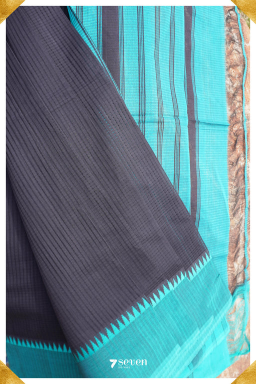 Maithreyi Mangalagiri Handloom Black/Blue Pure Cotton Saree - Seven Sarees - Saree - Seven Sarees
