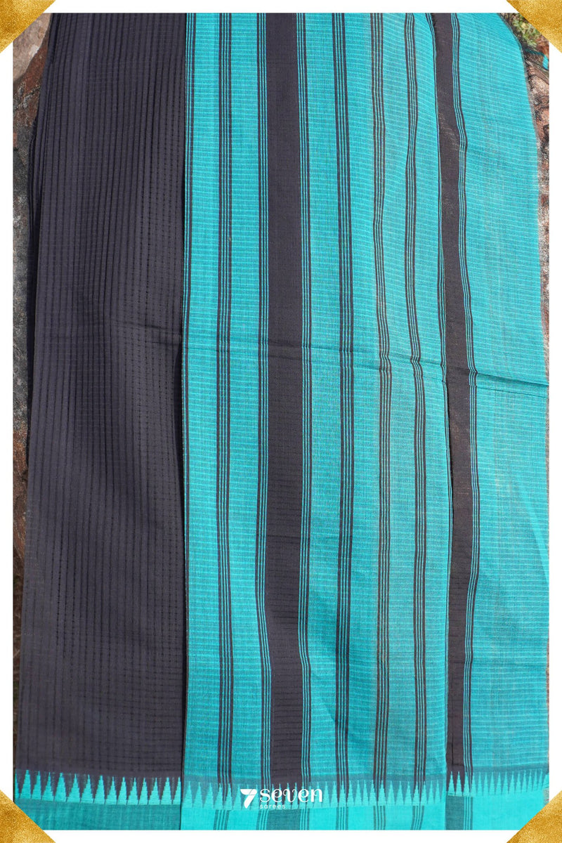 Maithreyi Mangalagiri Handloom Black/Blue Pure Cotton Saree - Seven Sarees - Saree - Seven Sarees
