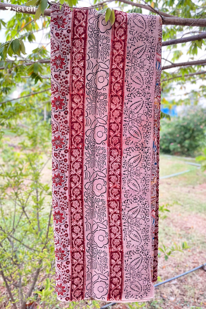 Malle Puvvu Hand Block Kalamkari 100% Soft Cotton saree - Seven Sarees - Saree - Seven Sarees