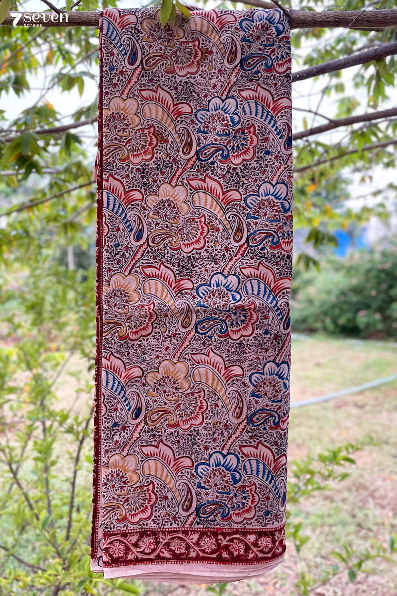 Malle Puvvu Hand Block Kalamkari 100% Soft Cotton saree - Seven Sarees - Saree - Seven Sarees
