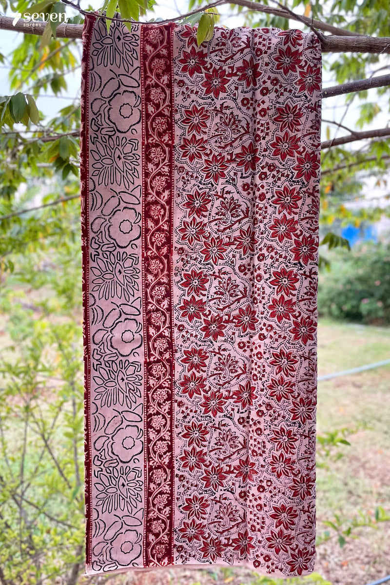 Malle Puvvu Hand Block Kalamkari 100% Soft Cotton saree - Seven Sarees - Saree - Seven Sarees