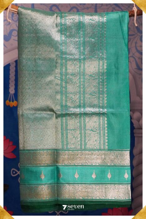 Manam Handloom Venkatagiri Pattu 100% Pure Silk Turquoise Saree | Silk Mark Certified - Seven Sarees - Seven Sarees