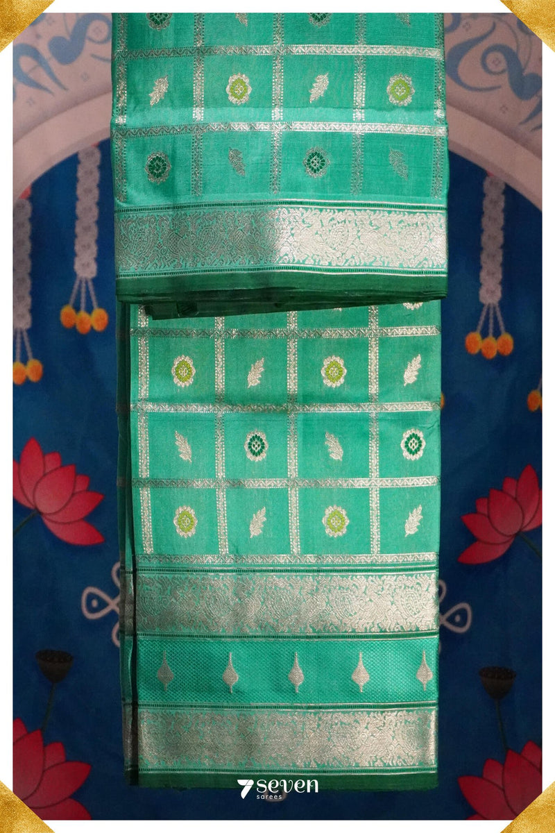 Manam Handloom Venkatagiri Pattu 100% Pure Silk Turquoise Saree | Silk Mark Certified - Seven Sarees - Seven Sarees