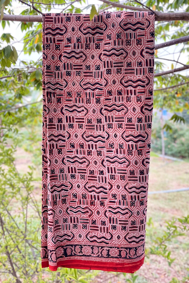 Mandara Hand Block Kalamkari 100% Soft Cotton saree - Seven Sarees - Saree - Seven Sarees