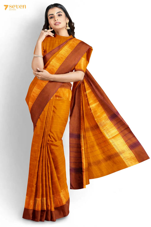 Manjal Kunkumam Madurai Orange Pure Cotton Saree - Seven Sarees - Saree - Seven Sarees
