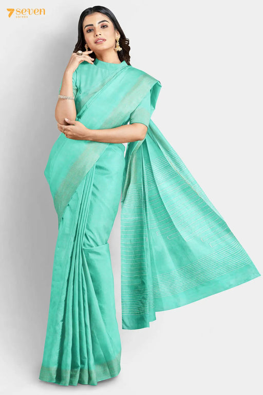Marguerita Chattisgarh Turquoise Pure Tussar Silk Saree | Silk Mark Certified - Seven Sarees - Saree - Seven Sarees