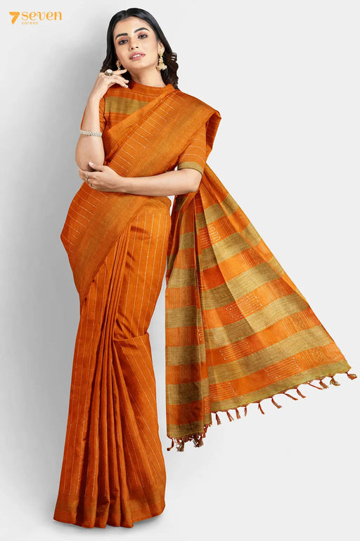 Marigold Chattisgarh Yellow Pure Tussar Silk Sequins Saree | Silk Mark Certified - Seven Sarees - Saree - Seven Sarees