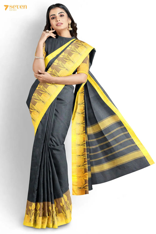 Mayilaatam Madurai Black Pure Cotton Saree - Seven Sarees - Saree - Seven Sarees