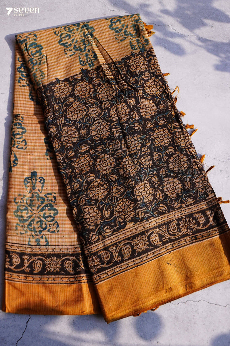 Mogali Puvvu Hand Block Kalamkari 100% Soft Cotton Yellow Saree (Handloom) - Seven Sarees - Saree - Seven Sarees