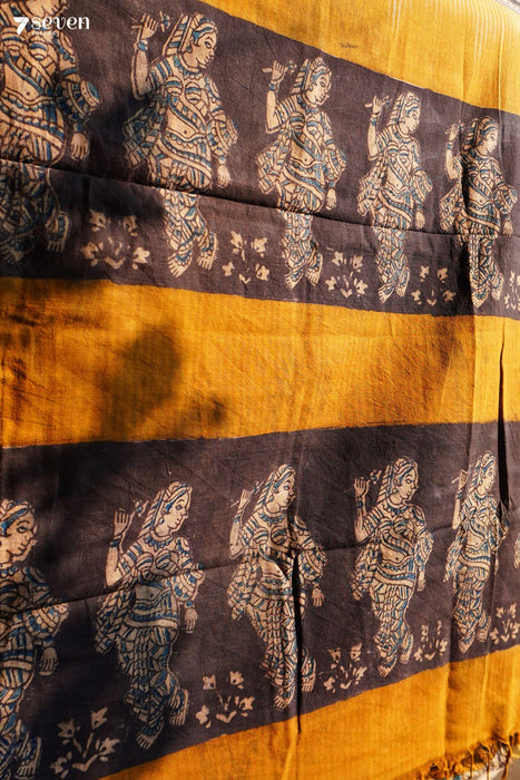 Mogali Puvvu Hand Block Kalamkari 100% Soft Cotton Yellow Saree (Handloom) - Seven Sarees - Saree - Seven Sarees