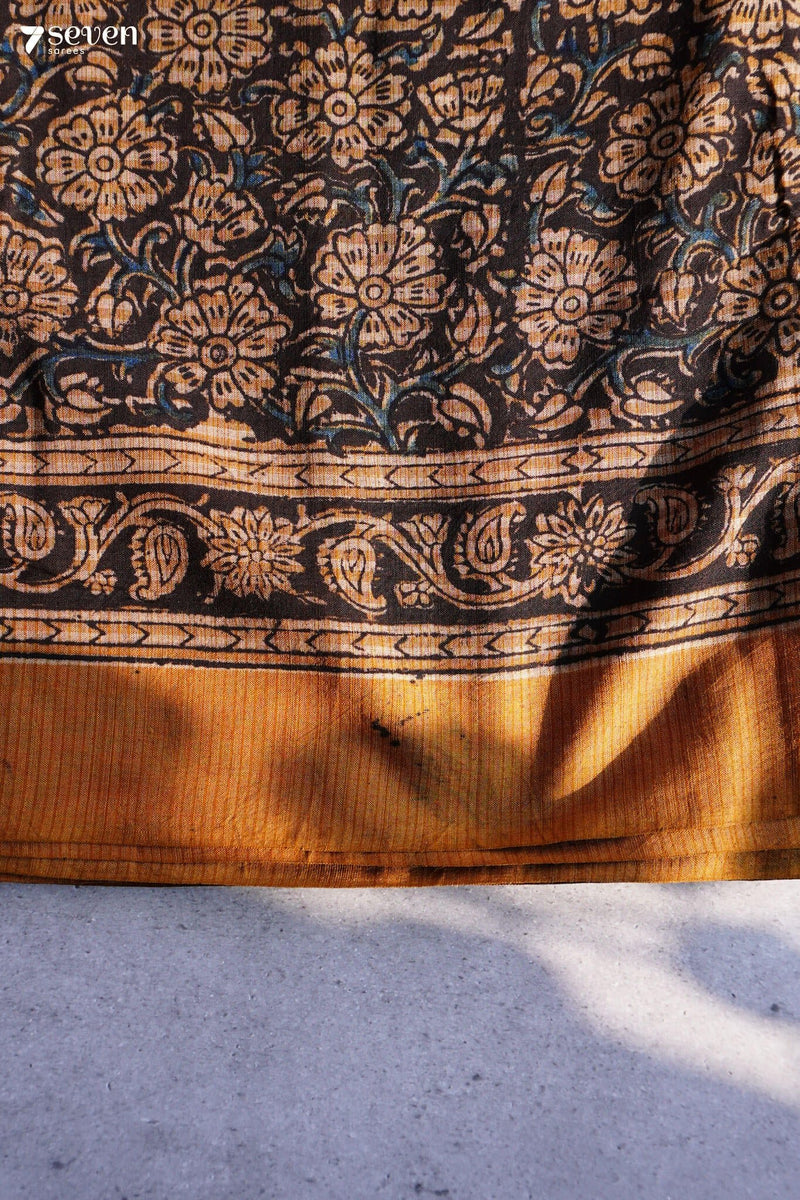Mogali Puvvu Hand Block Kalamkari 100% Soft Cotton Yellow Saree (Handloom) - Seven Sarees - Saree - Seven Sarees