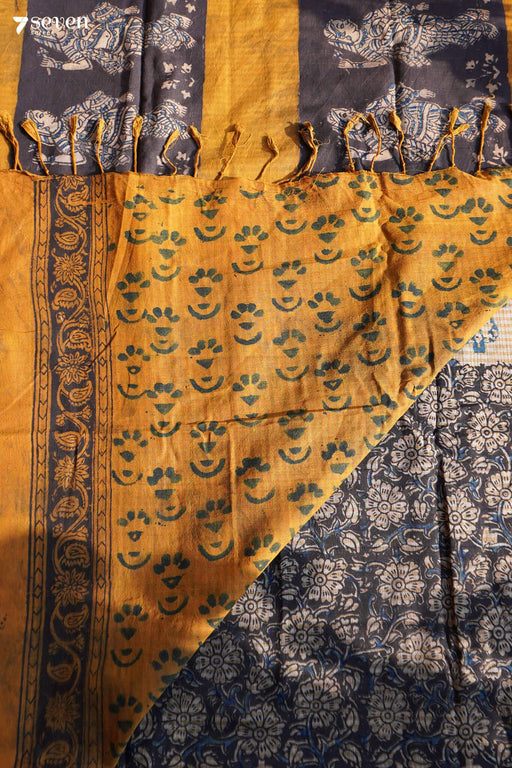 Mogali Puvvu Hand Block Kalamkari 100% Soft Cotton Yellow Saree (Handloom) - Seven Sarees - Saree - Seven Sarees