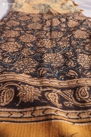 Mogali Puvvu Hand Block Kalamkari 100% Soft Cotton Yellow Saree (Handloom) - Seven Sarees - Saree - Seven Sarees