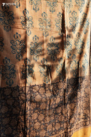 Mogali Puvvu Hand Block Kalamkari 100% Soft Cotton Yellow Saree (Handloom) - Seven Sarees - Saree - Seven Sarees