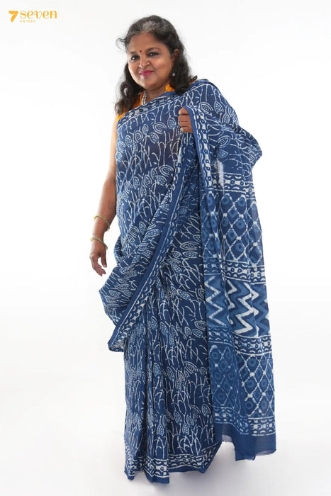 Mommy's Special Jaipur Blue Block Printed Pure Cotton Saree - Seven Sarees - Saree - Seven Sarees