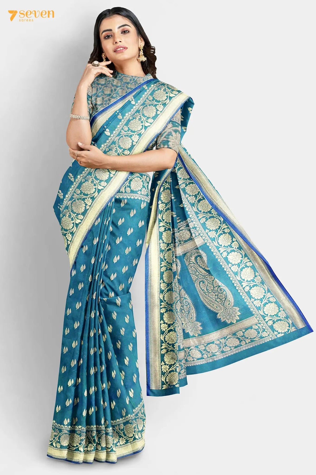 Mostly Madhuvanti Benares Blue Artificial Silk Saree Seven — Seven Sarees