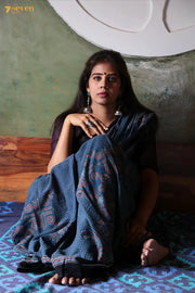 Mukhtalif Kutch Blue Pure Ajrakh Cotton Saree - Seven Sarees - Saree - Seven Sarees