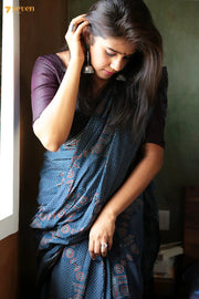 Mukhtalif Kutch Blue Pure Ajrakh Cotton Saree - Seven Sarees - Saree - Seven Sarees