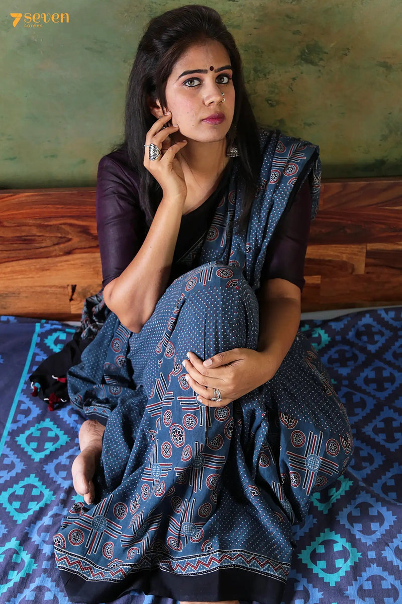Mukhtalif Kutch Blue Pure Ajrakh Cotton Saree - Seven Sarees - Saree - Seven Sarees