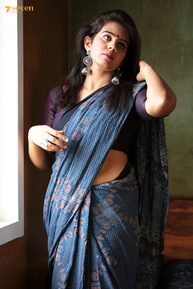 Mukhtalif Kutch Blue Pure Ajrakh Cotton Saree - Seven Sarees - Saree - Seven Sarees