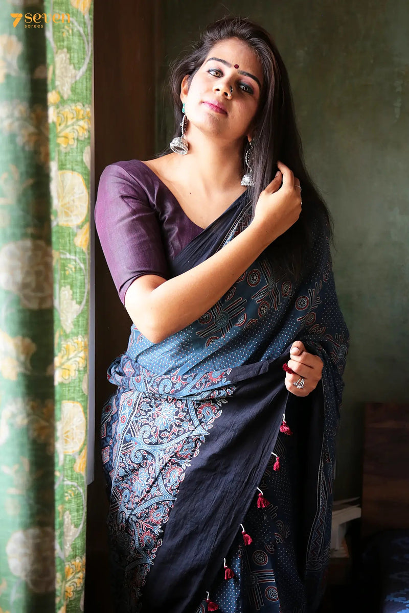 Mukhtalif Kutch Blue Pure Ajrakh Cotton Saree - Seven Sarees - Saree - Seven Sarees