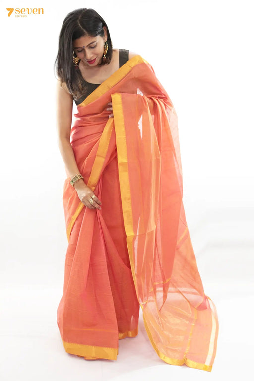 Nandu Mangalagiri Handloom Orange Pure Cotton Saree - Seven Sarees - Saree - Seven Sarees