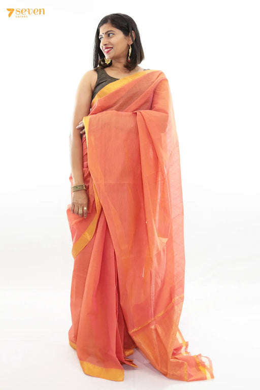Nandu Mangalagiri Handloom Orange Pure Cotton Saree - Seven Sarees - Saree - Seven Sarees