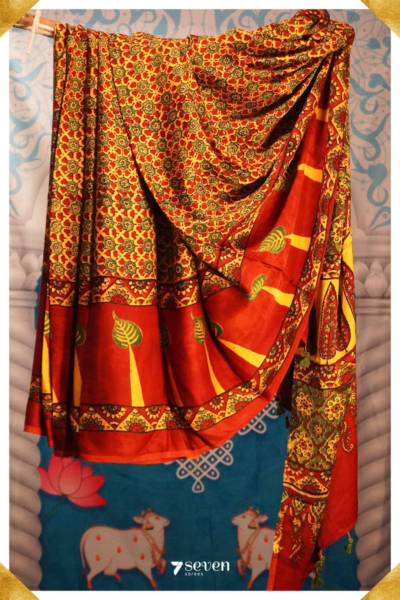 Nazar Kutch Yellow Pure Ajrakh Modal Silk Saree - Seven Sarees - Saree - Seven Sarees