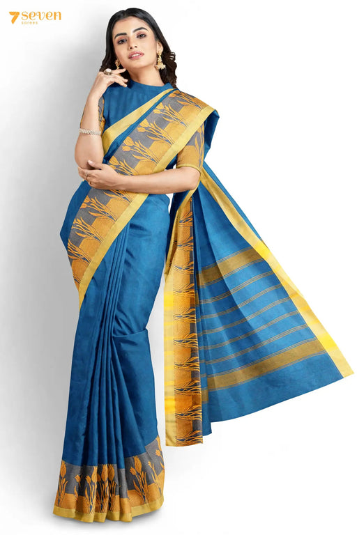 Neela vaanam Madurai Blue Pure Cotton Saree - Seven Sarees - Saree - Seven Sarees