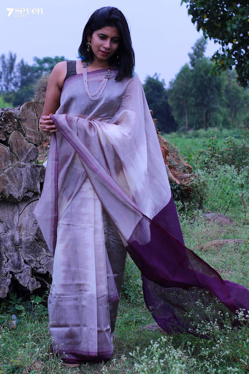 Nikita Ivory-Purple Mangalagiri Handloom Silk Cotton Saree - Seven Sarees - Saree - Seven Sarees