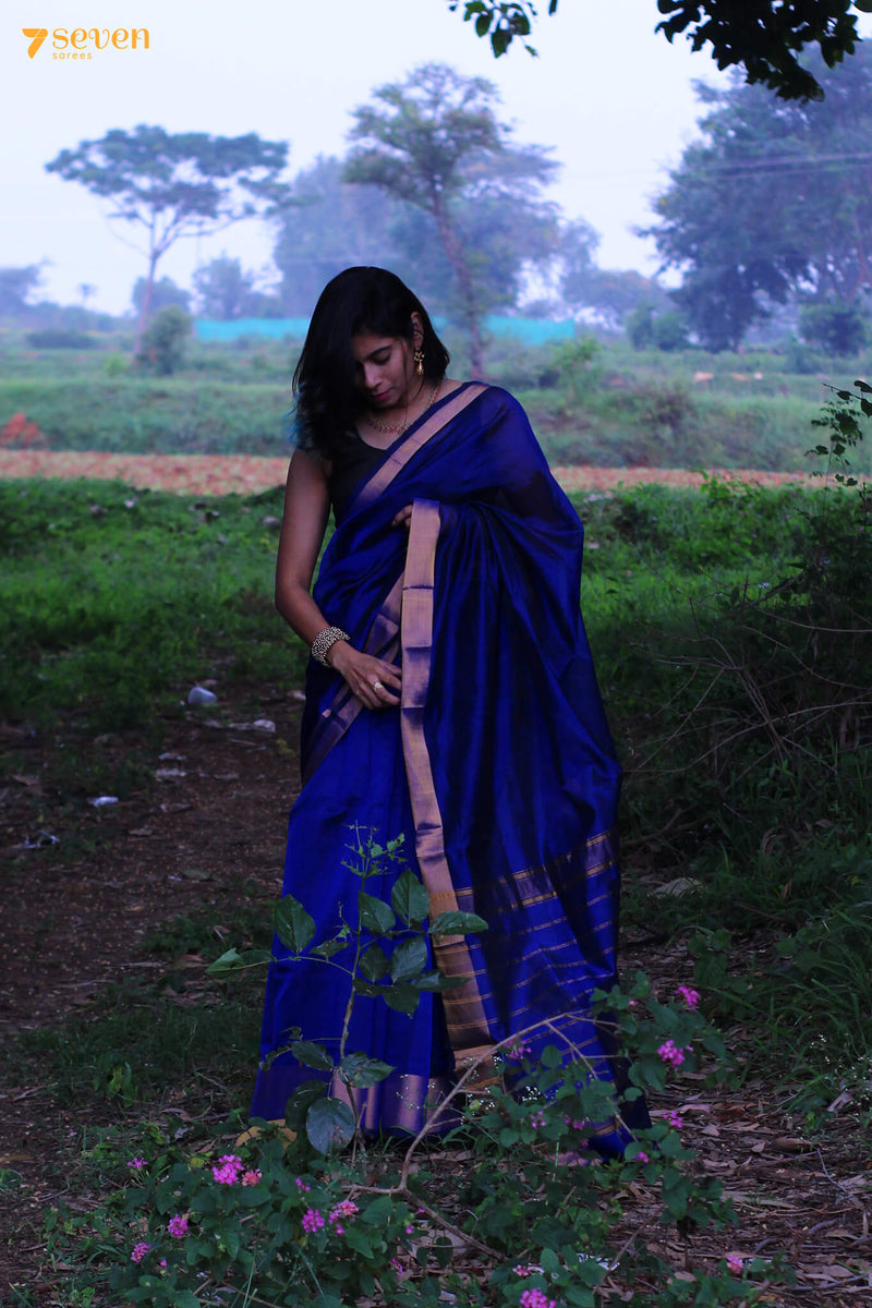 Nilamati Blue Mangalaliri Handloom Pure Silk Cotton saree - Seven Sarees - Saree - Seven Sarees