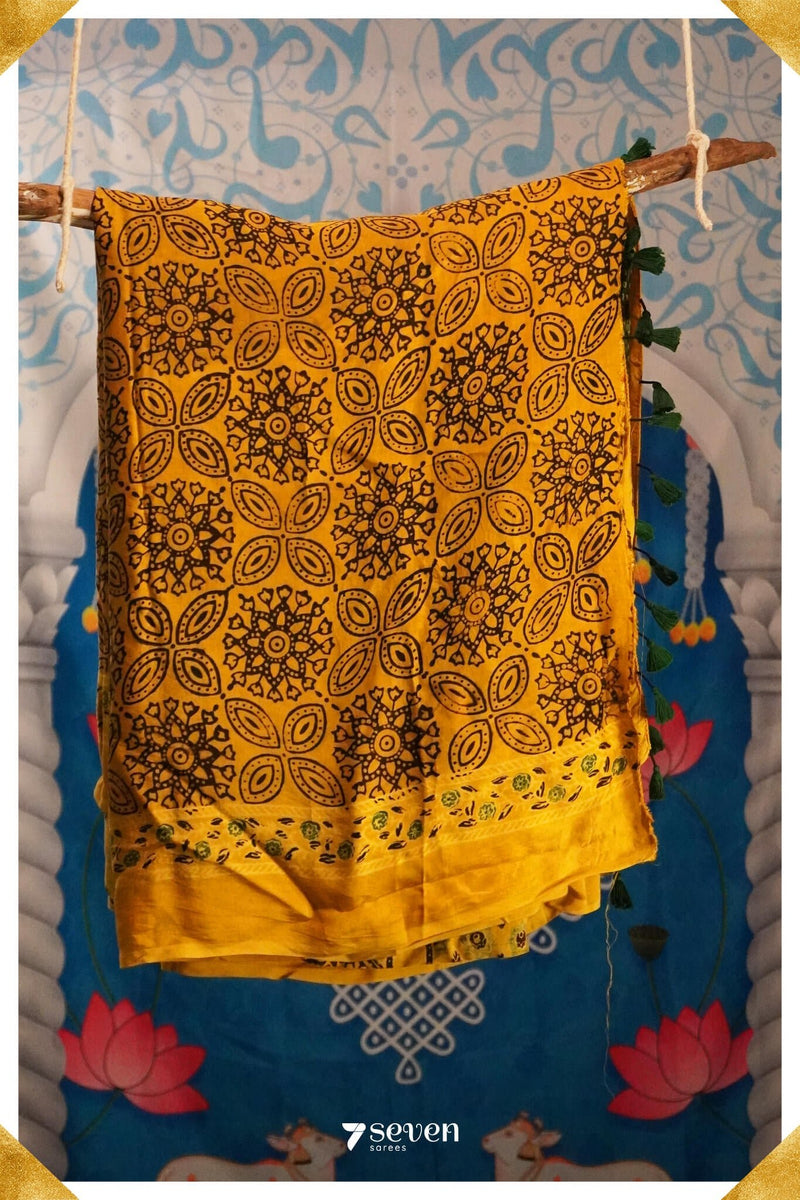 Noor Kutch Yellow Pure Ajrakh Modal Silk Saree - Seven Sarees - Saree - Seven Sarees