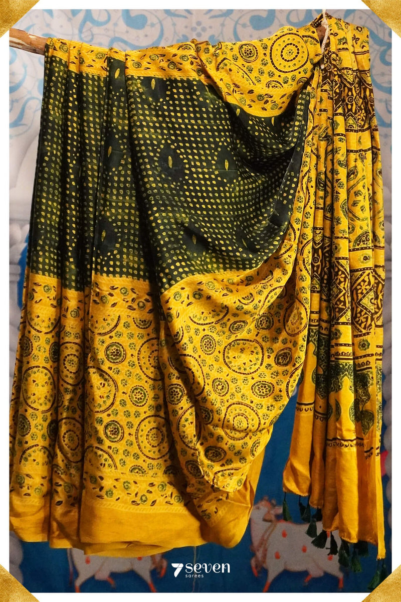 Noor Kutch Yellow Pure Ajrakh Modal Silk Saree - Seven Sarees - Saree - Seven Sarees